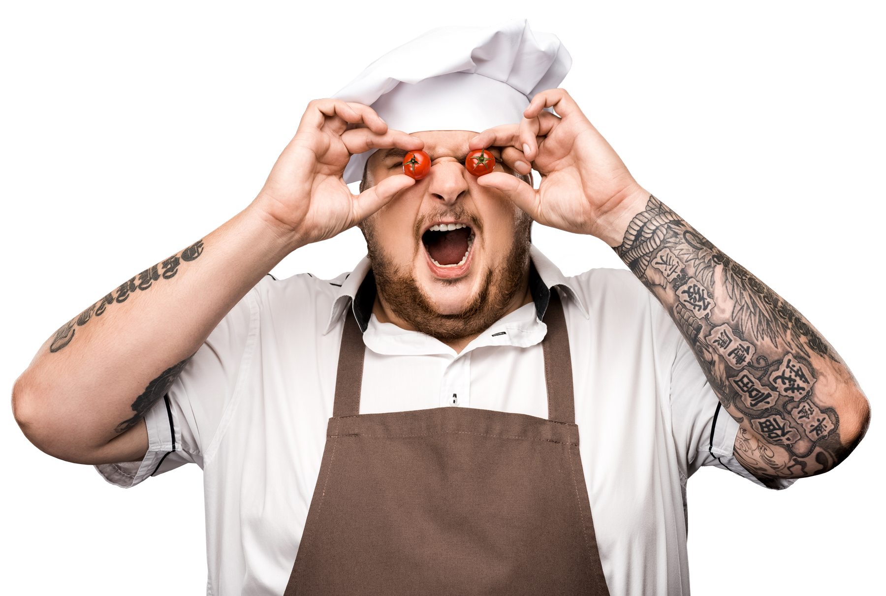 Der Koch hält sich zwei Tomaten vor die Augen.